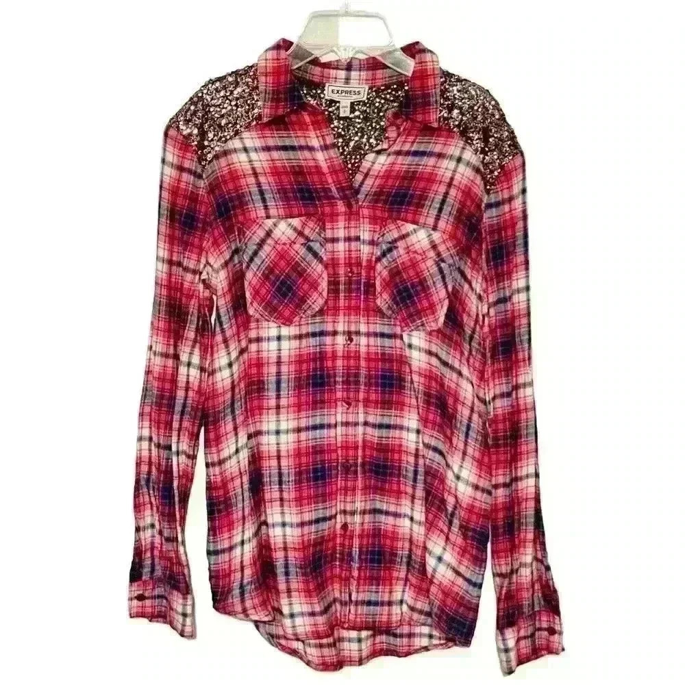 Express Boyfriend Womens Plaid Sequin Long Sleeve Top Blouse Button Up Sz Small